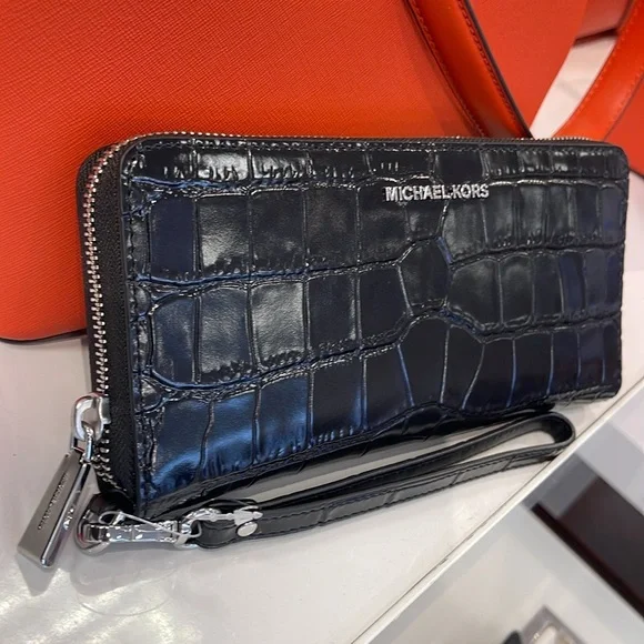 Michael Kors Jet Set Travel Metallic Crocodile Embossed Leather Continental Wall - Picture 1 of 16